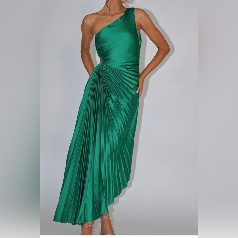 House of Harlow 1960 Emerald Green Pleated One Shoulder Keyhole Maxi Dress small - Picture 3 of 7